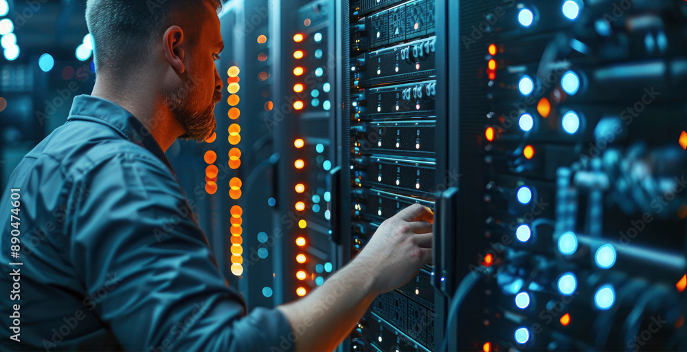 Aufkleber a person performing maintenance on a server rack, with indicator lights illuminated, inside a data c