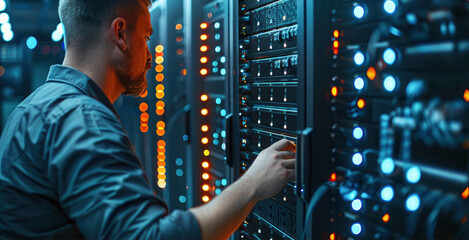 A person performing maintenance on a server rack, with indicator lights illuminated, inside a data center or technology lab during work.