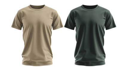 A display of two plain colored t-shirts, one beige and one green, highlighting fashion simplicity and basic apparel options for casual wear.