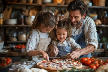 Father and Daughters Cutting Freshly Baked Pizza in Kitchen