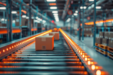 A dynamic image of brown boxes moving on a conveyor belt in a well-organized warehouse, highlighting the efficiency of modern logistics and distribution.