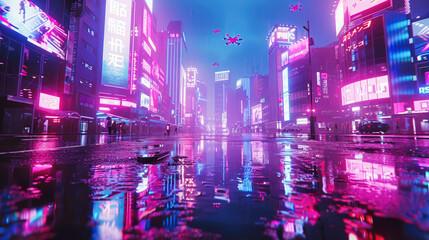 Obraz premium A strikingly futuristic image of a cityscape at night, illuminated by numerous neon signs and reflections, creating a vibrant and energetic urban scene.