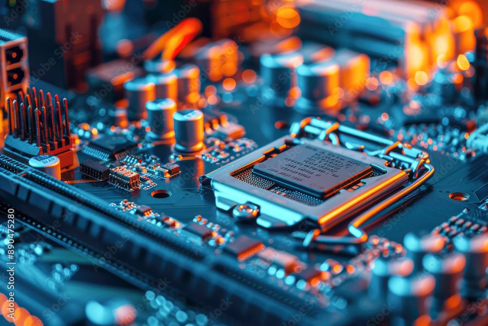 Poster detailed close-up of a computer motherboard with various intricate components and circuits, showcasi