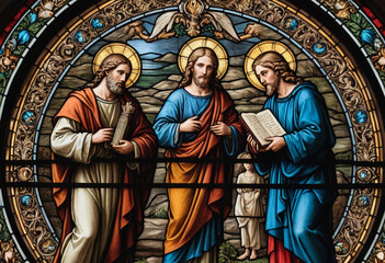 Fototapeta premium A close-up shot of a stained-glass window depicting a biblical scene. 