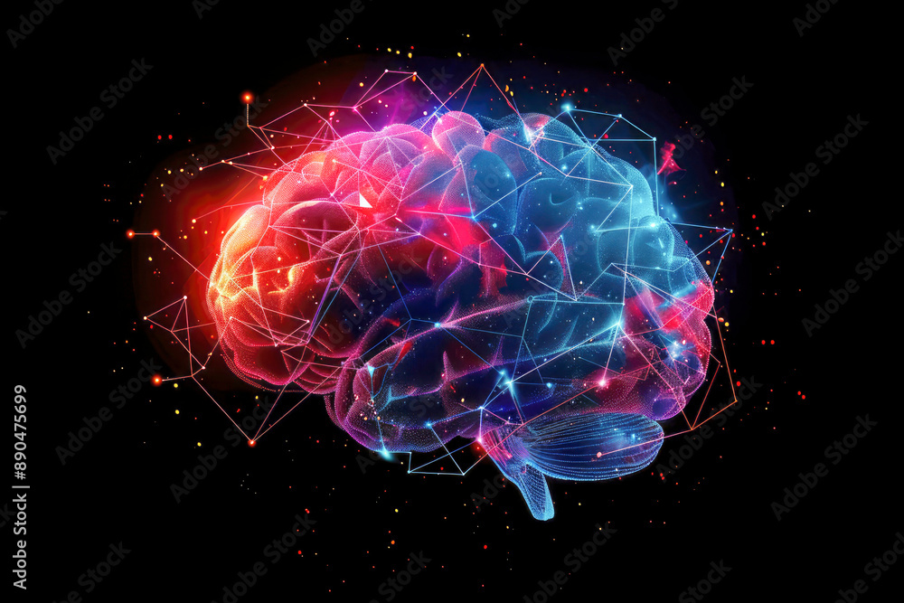 Poster futuristic digital artwork of a brain with neural network connections, symbolizing advanced technolo