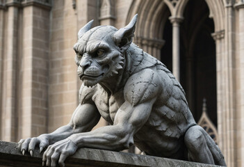  A detailed close-up of a gargoyle perched on the edge of a Gothic cathedral. 