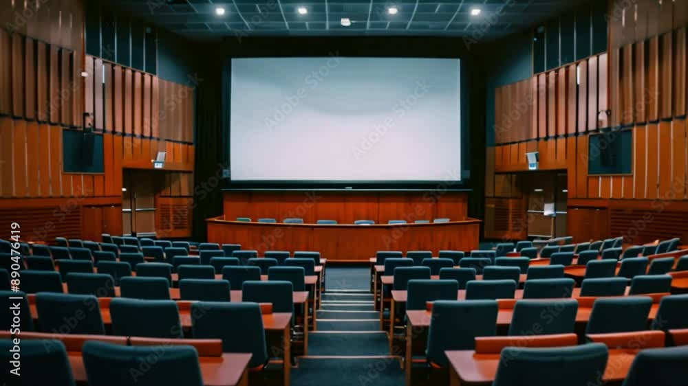 Poster an empty auditorium with rows of blue seats and a large projection screen at the front.