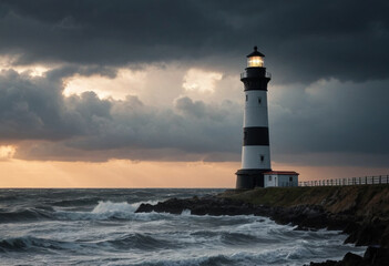 Obraz premium A lonely lighthouse silhouetted against a stormy sunset. 