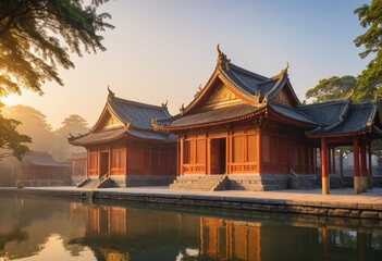 Naklejka premium A peaceful temple bathed in the soft glow of morning light. 