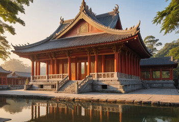  A peaceful temple bathed in the soft glow of morning light. 