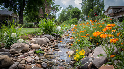 Rain garden that captures and filters runoff water. Eco-friendly garden design, stormwater filtration and water management