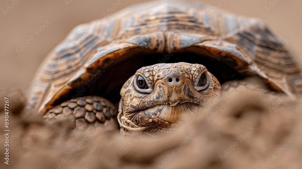 Aufkleber this close-up image captures a leopard tortoise peeking out from its shell, showcasing the detailed 