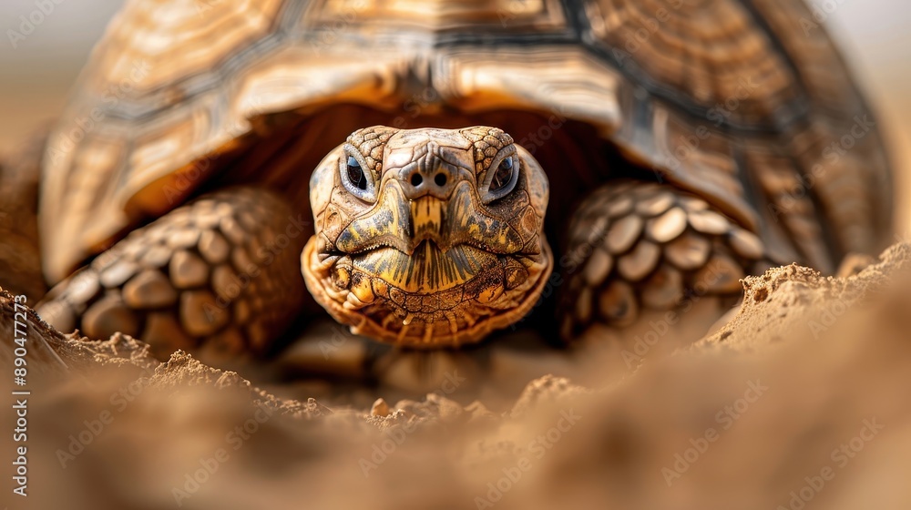 Poster a close-up view capturing the intricate details of a turtle's shell and face as it rests on sandy gr