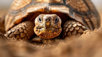 Naklejka premium A close-up view capturing the intricate details of a turtle's shell and face as it rests on sandy ground, illuminated by natural daylight, highlighting its textured patterns and calm demeanor.