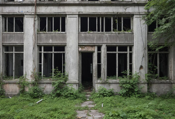 A spooky abandoned building with broken windows and overgrown vegetation. 