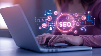 Person typing on a laptop with SEO concept graphic overlay, representing digital marketing and search engine optimization strategies.