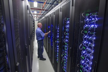 A server administrator checking computers in a data center.