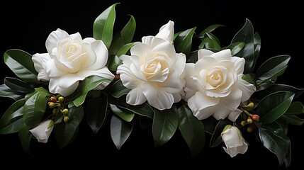 Three white gardenias with green leaves on a black background.