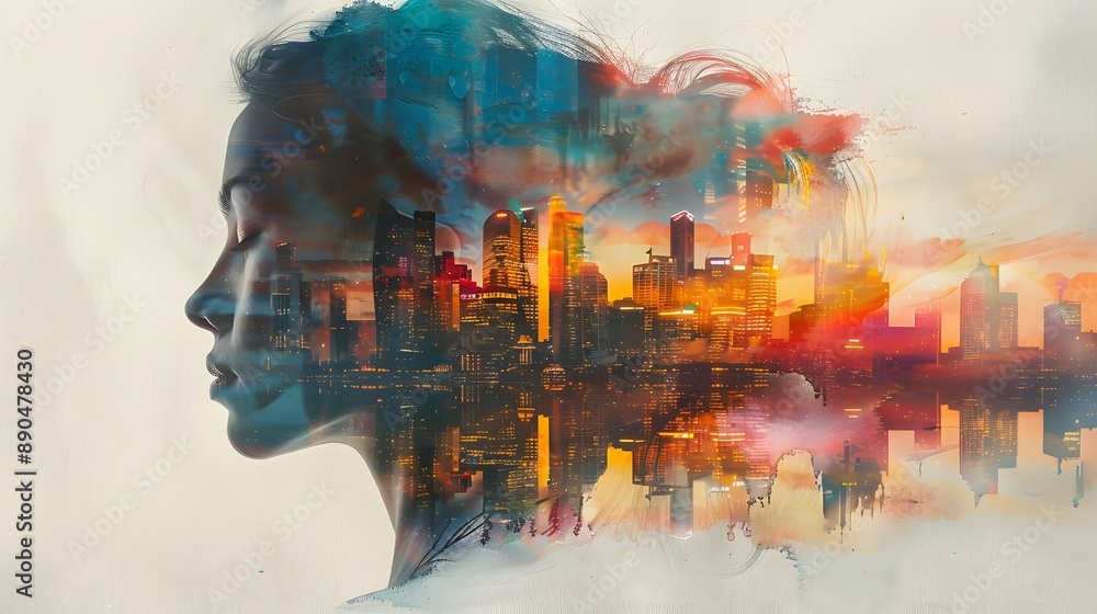 Canvas Prints woman with cityscape overlay.