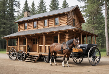  A log cabin built by American pioneers, with a horse-drawn carriage parked outside. 