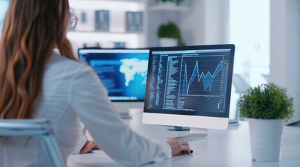 Businesswoman analyzing financial data on computer monitor in modern office with charts and graphs showing market trends and statistics.