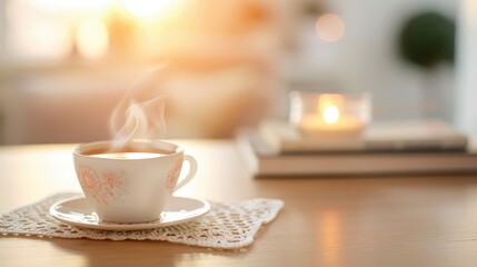 Fototapeta premium Cozy morning scene with a steaming cup of tea on a table, bathed in warm sunlight, creating a peaceful and relaxing atmosphere.