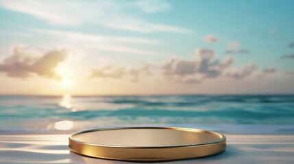 Elegant golden round tray on a serene beach setting with a stunning ocean view and a beautiful sunset background. display podium