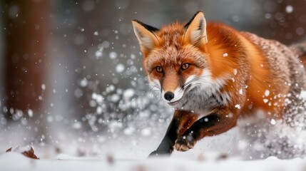 Obraz premium A vibrant red fox dashes through a snow-covered forest, creating a picturesque winter scene with flying snowflakes and its keen, focused eyes fixed ahead.