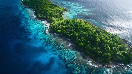 Aerial view of a lush tropical island with turquoise waters.