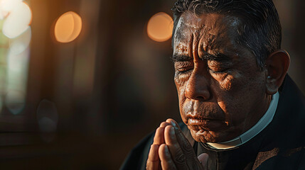 A hispanic catholic priest wears a hopeful and emotional expression as he engages in prayer for forgiveness and peace, seeking solace in isolation.