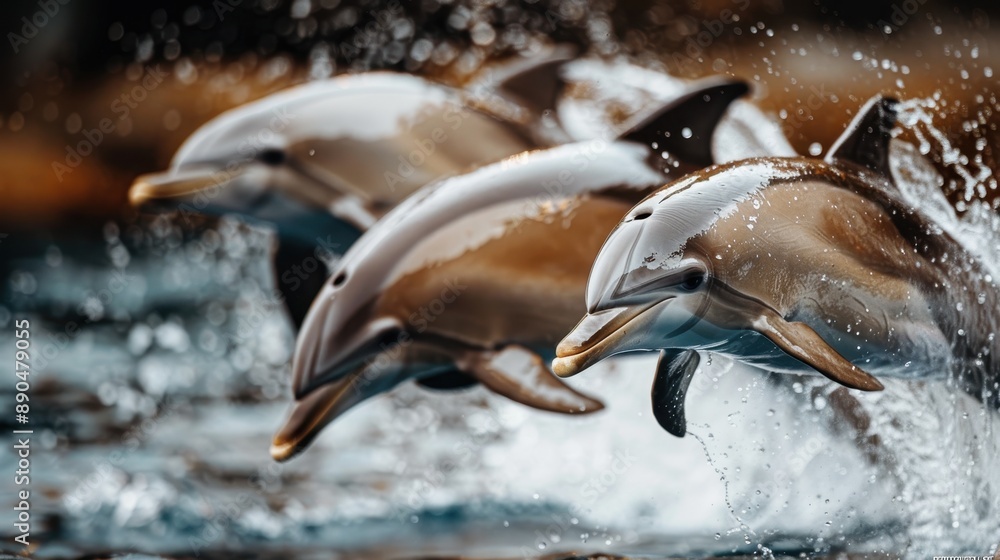Poster a captivating image of three dolphins gracefully leaping out of the water, splashing through the oce