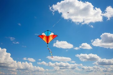 Colorful kite flying high in blue sky with fluffy white clouds