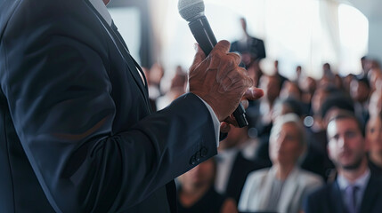 Businessman In Suit Holding Microphone Addressing Large Group At Corporate Conference Speaker At Business Event Concept
