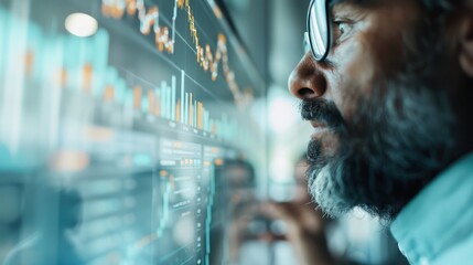 The image captures a user deeply engaged in analyzing data displayed on a computer screen, featuring brightly colored charts and graphs, symbolizing data-driven decision making.