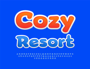 Vector travel poster Cozy Resort. Cute Blue Font. Sticker style Glossy Alphabet Letters and Numbers.