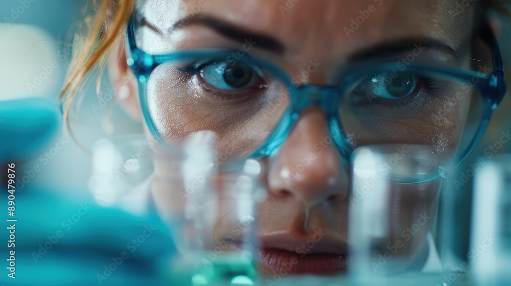 Poster a blurred image capturing a technician in a high-tech laboratory, emphasizing the advanced technolog