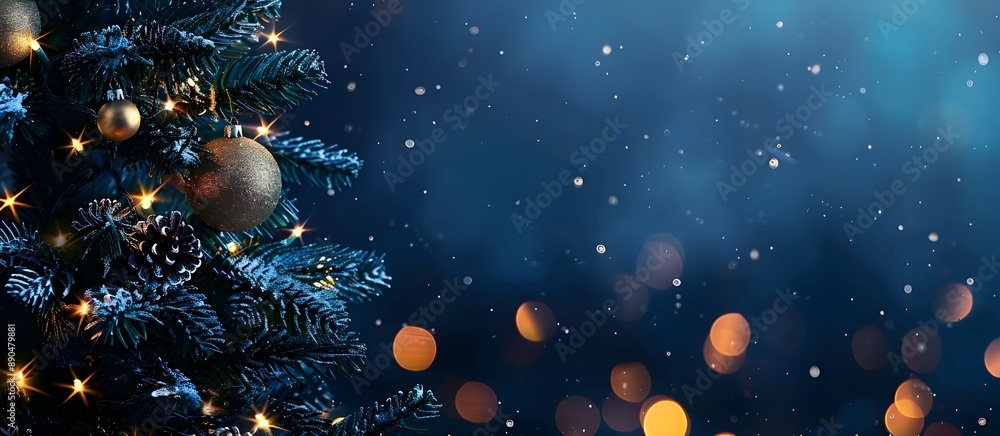 Poster Christmas tree with decorations on a dark blue background with bokeh lights and a banner. A wide web design space for text and graphic elements.
