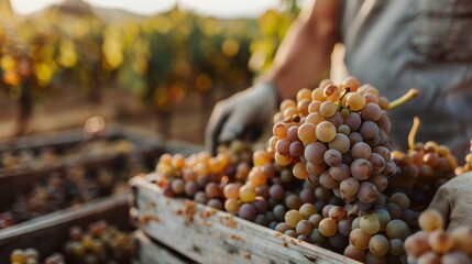 A detailed close-up shot of a person's hand selecting ripe grapes from a bunch during the harvesting season in a vineyard, showcasing the care and art of grape picking.