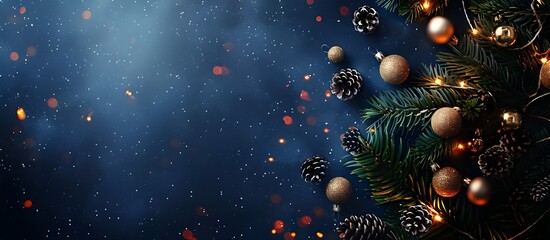 Christmas tree with decorations on a dark blue background with bokeh lights and a banner. A wide web design space for text and graphic elements.