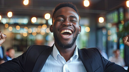 Happy Young Black Businessman Celebrating Success in Bokeh Office Background
