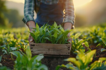 Fototapeta premium Freshly Picked Produce Agriculturist Lifting a Container of Newly Harvested Crops, Symbol of Farm-to-Table Goodness