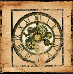 Vintage Roman numeral clock with mechanism on old grunge paper background