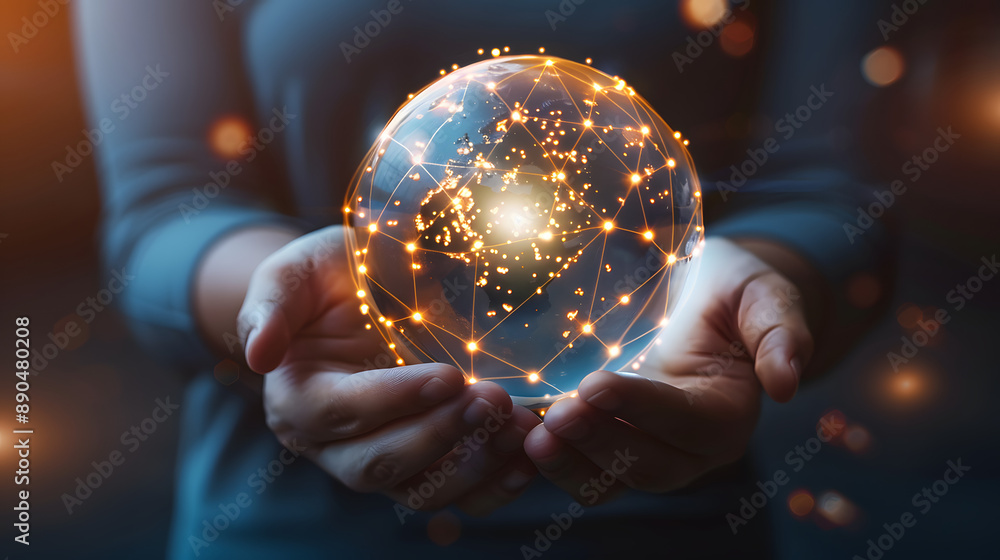 Canvas Prints person holding glowing globe earth on hands, interconnected global connectivity data network technol