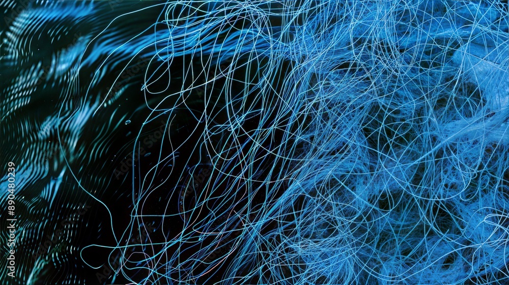 Poster abstract blue network: intricate web of digital light threads over dark background