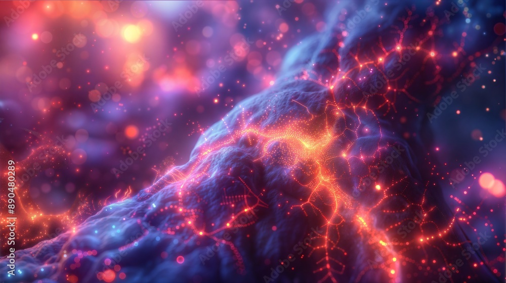 Poster futuristic neural network visualization in vivid neon colors - abstract data flow concept