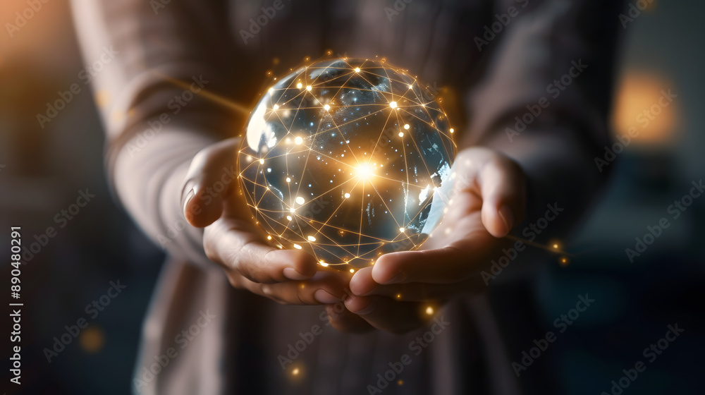 Canvas Prints person holding glowing globe earth on hands, interconnected global connectivity data network technol