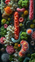 Obraz premium Close-up of a colorful and diverse array of bacteria under a microscope, showcasing the rich textures and varieties of microorganisms.