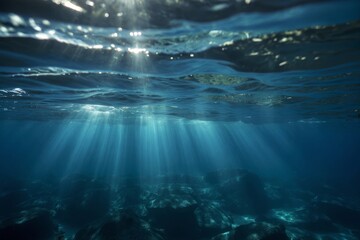 Obraz premium Sunlight beams through water surface creating mesmerizing pattern of light on rocky ocean floor