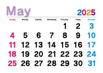2025年5月の刺繍文字風カレンダー日曜始まり日本の祝日表記無し
