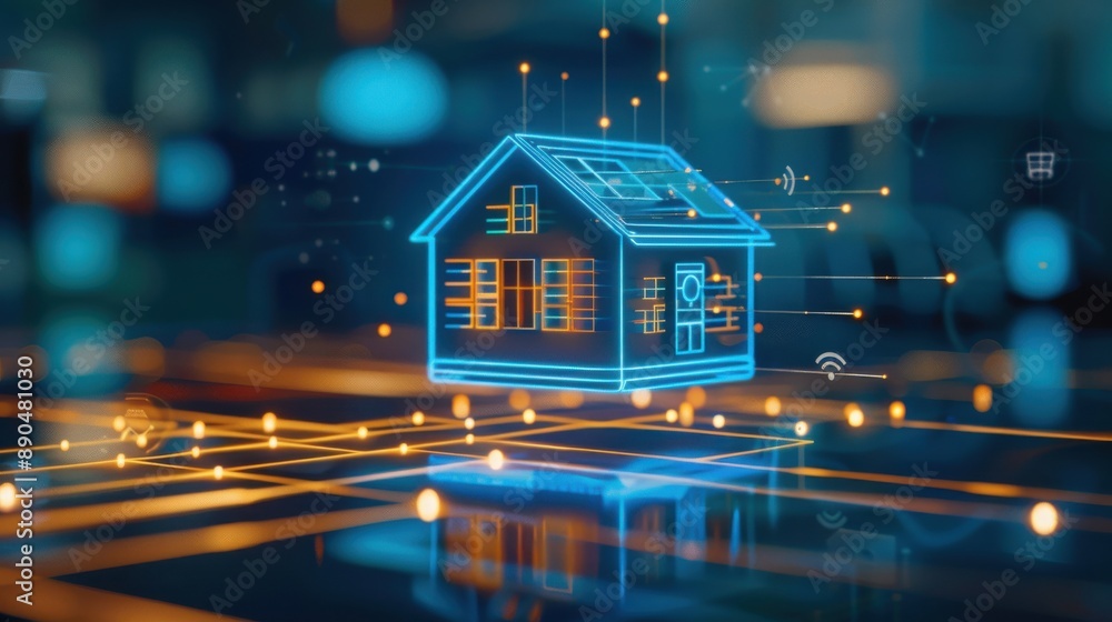 Poster smart home with iot devices connected via 5g, seamless and integrated.